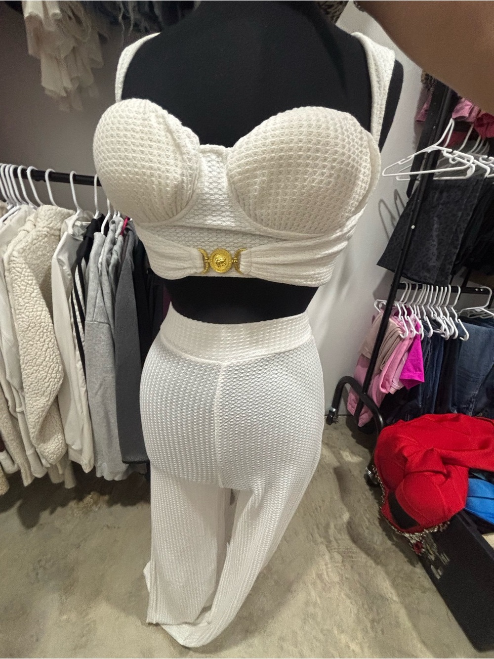 CBR White Textured Bustier Crop Top and High-Waist Skirt Set